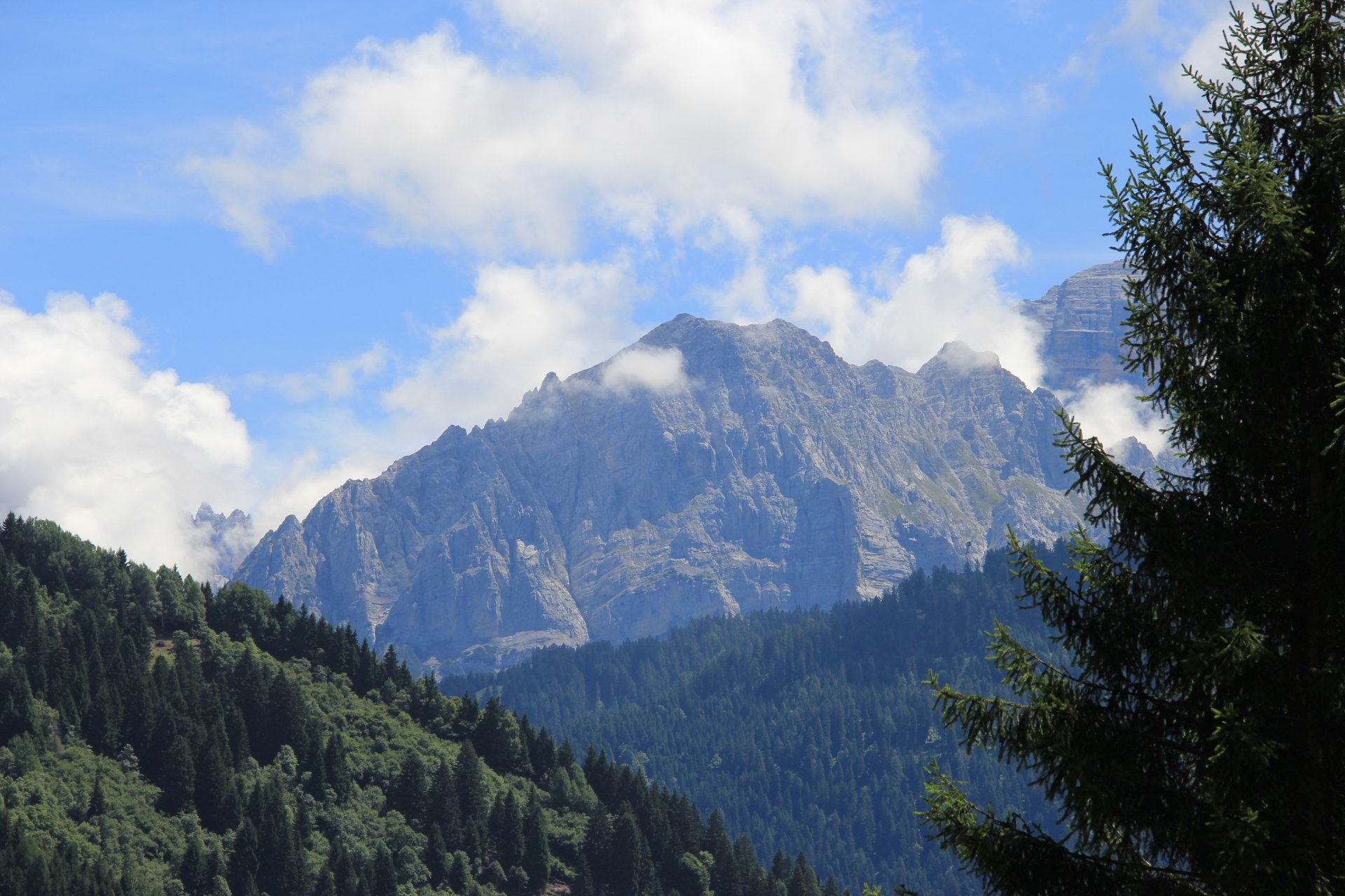 Widok na szczyty w Grupie Dolomiti di Brenta z polany Castalot