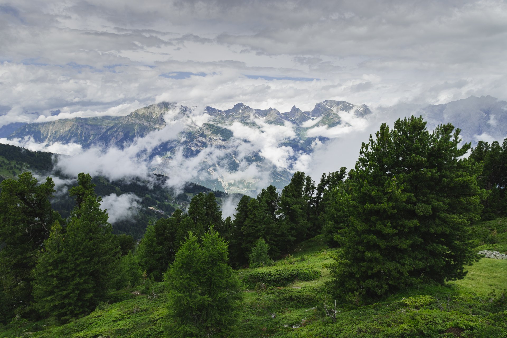 Widok ze szlaku na Le Fou na Alpy Berneńskie